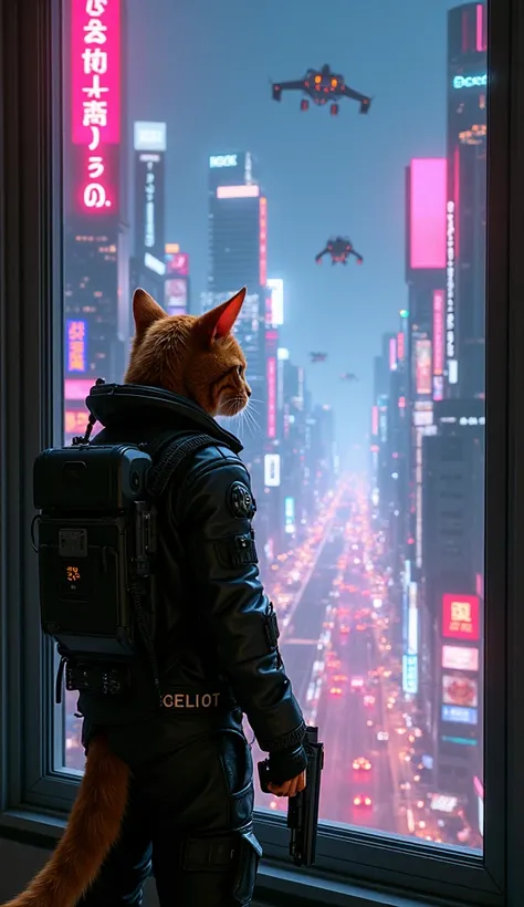 An anthropomorphic orange male tobby cat dress in cyberpunk 2077 style clothing and pants holding a gun and looking out the window A neon-lit cityscape in a cyberpunk style. The nighttime atmosphere pulsating with rich hues of pinks, blues, and purples. Fu...