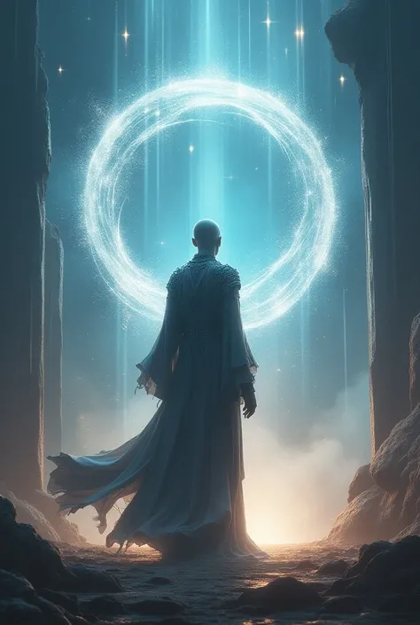  animation of a futuristic being like a wizard ,  with his back thinking and his front opening a portal with the book bearing the title "I think,  then there is " on the cover and him reaching out to get , conceptual art, futurism, modern, anime, depth of ...