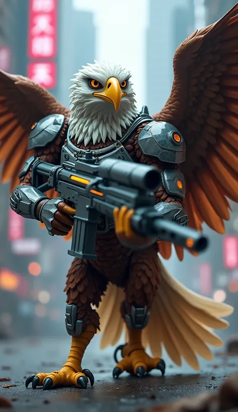 Humanoid eagle, with cyberpunk , fighting with a futuristic machine gun.  blurry cyberpunk style background 