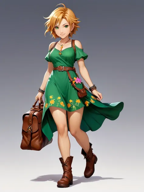 final fantasy viii style, 2D style, full body, cheerful and adventurous witch with short golden hair and bright hazel eyes, vibrant tan skin, playful smile, small upturned nose, slightly plump lips, youthful energy, slim-athletic figure with slightly curvy...