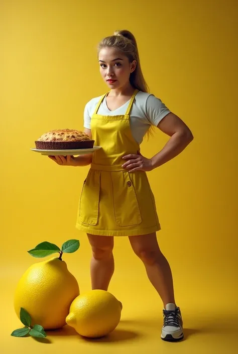 Lemon fruit with a strong learner holding a pie in her hand, exuding strength and stamina 