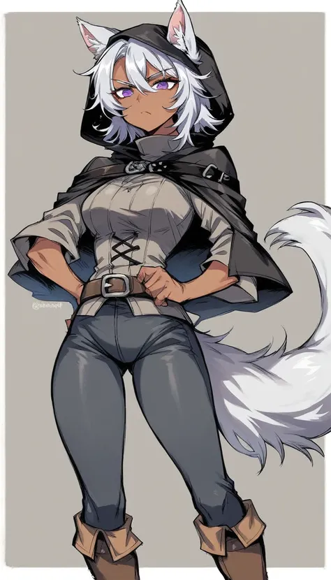 Solo, score_9, score_8_up, score_7_up, wolf girl, long wavy silver hair, dark skin, fluffy tail, defined tummy, medium breasts, purple eyes, serious face expression, wearing a black hood and a gray cropped medieval style tight-fitting leather tunic that sh...