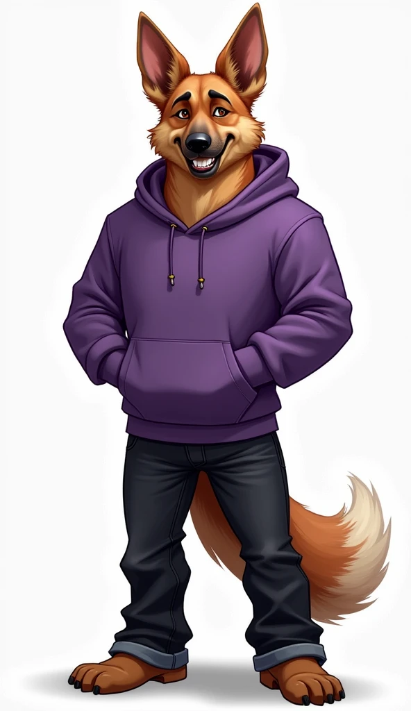 By bebebebebe, by lostgoose, by goonie-san, solo, ((snout, ears)), canine, (german shepherd), male, smirking, (slim, muscular, detailed eyes), purple hoodie, black jeans 