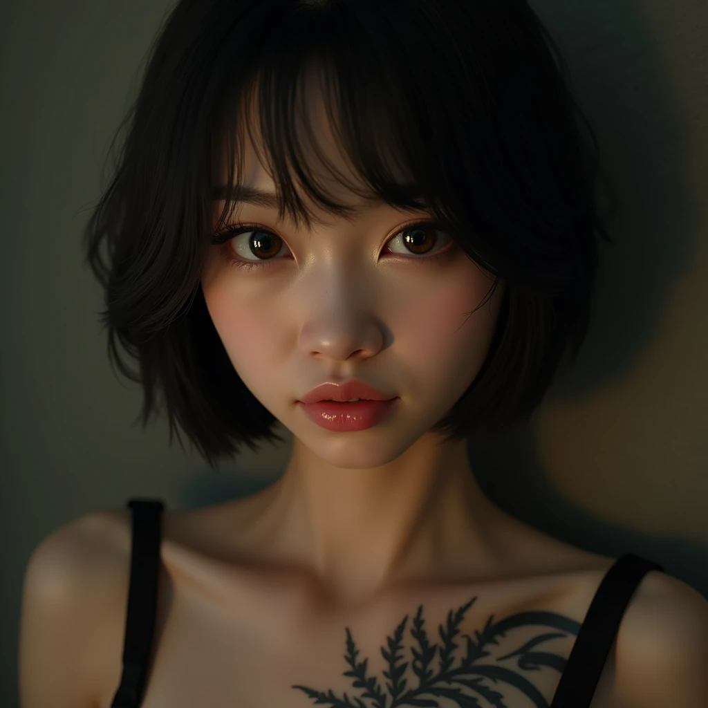 a close up of a woman with a tattoo on her chest, beautiful asian girl, with short hair, asian features, an asian woman, japanese model, beautiful asian woman, a young asian woman, short black hair, short hair, chinese girl, ross tran 8 k, anime girl in re...