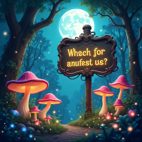 Magical forest with mushrooms and  crystals under the moonlight with fireflies. Theres a big magical saying that says "Server Announcements"