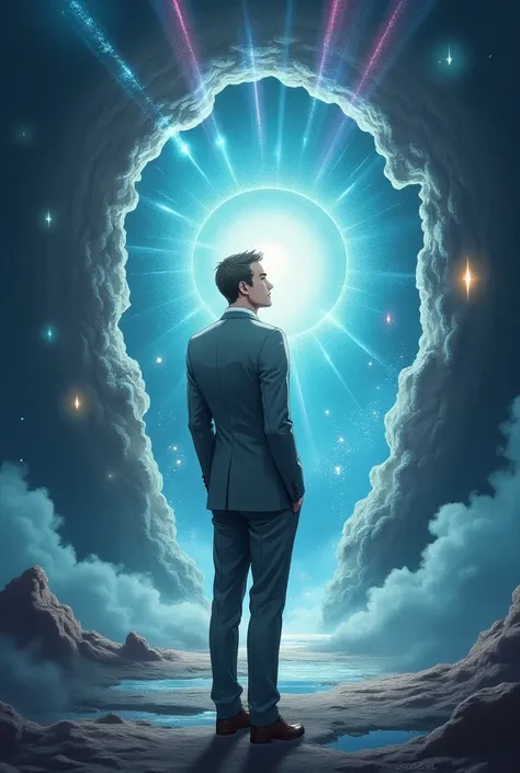  animation of a well-dressed man , gray, futurist, Turn your back and think ,  in front of him opening a portal full of effects and magic,  materializing a book with the title  "I think,  then there is "  on the cover and him picking up the book , conceptu...