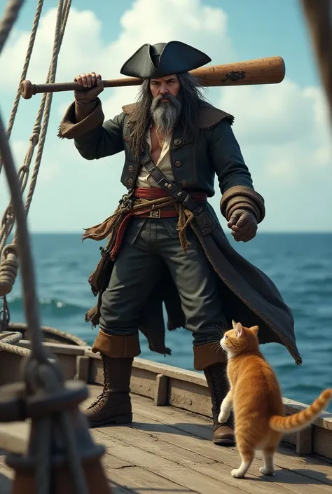 Pirate on his boat with a baseball bat and a scared cat