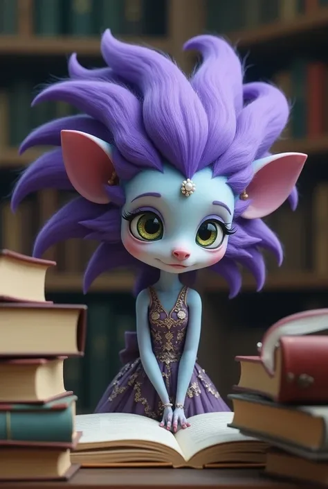  A mobian with purple hair and tall light blue skin, curiosity,  that is looking at books on one side ,  with purple hair and a pearl on her forehead ,  wearing a dress with details and elevating in turn ,  she must be a mutated hedgehog , with a dynamic p...