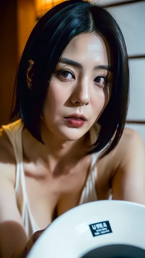 (( best quality)), ((masterpiece)), (Ultra fine)、Photo taken by a professional with Leica f1 .4 35mm by pro cameraman、nsfw, standing、doggy pose 、full body shot , dramatic lighting、dark shower room at midnight、(1 Japanese actress、45yo, milf, Very intelligen...