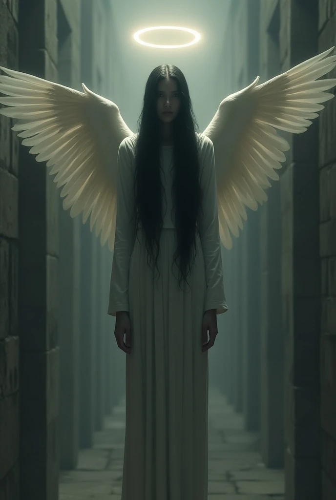 A being with wings and a halo and long black hair that covers its face against a background of walls 
 levitating
