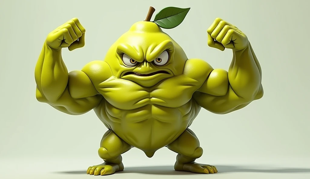 Green lemon fruit showing muscles with arms up with angry eyes realistic image 