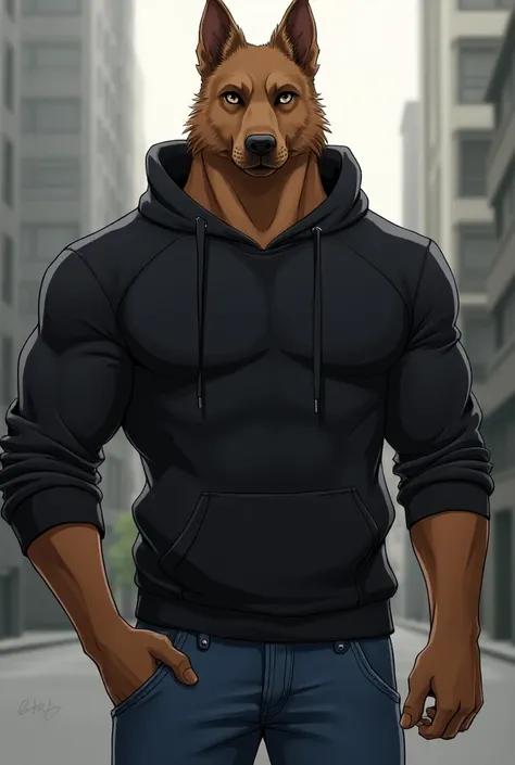 By bebebebebe, by lostgoose, by goonie-san, solo, ((snout, ears)), canine, (german shepherd), male, smirking, (slim, muscular, detailed eyes), black hoodie, blue jeans 