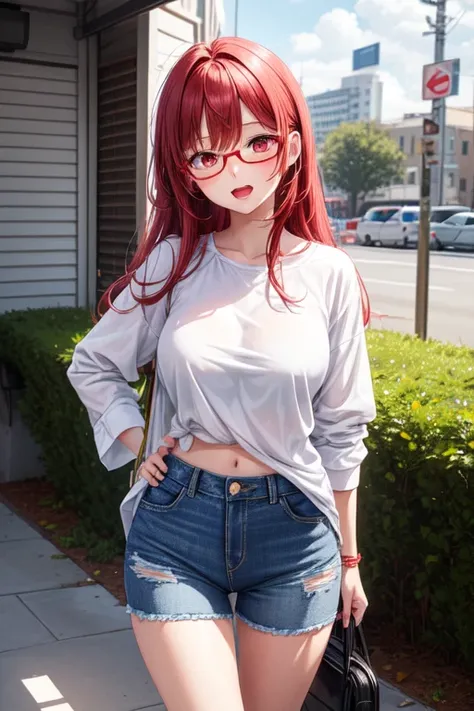 Extremely sweet eight-year-old girl , long red hair , big expressive red eyes slowly closed  ,  red lips  ,  slightly open mouth  ,  prescription glasses with black frame  , shorts jeans azul , Breasts without bra , Black sandals , upper body , facing the ...