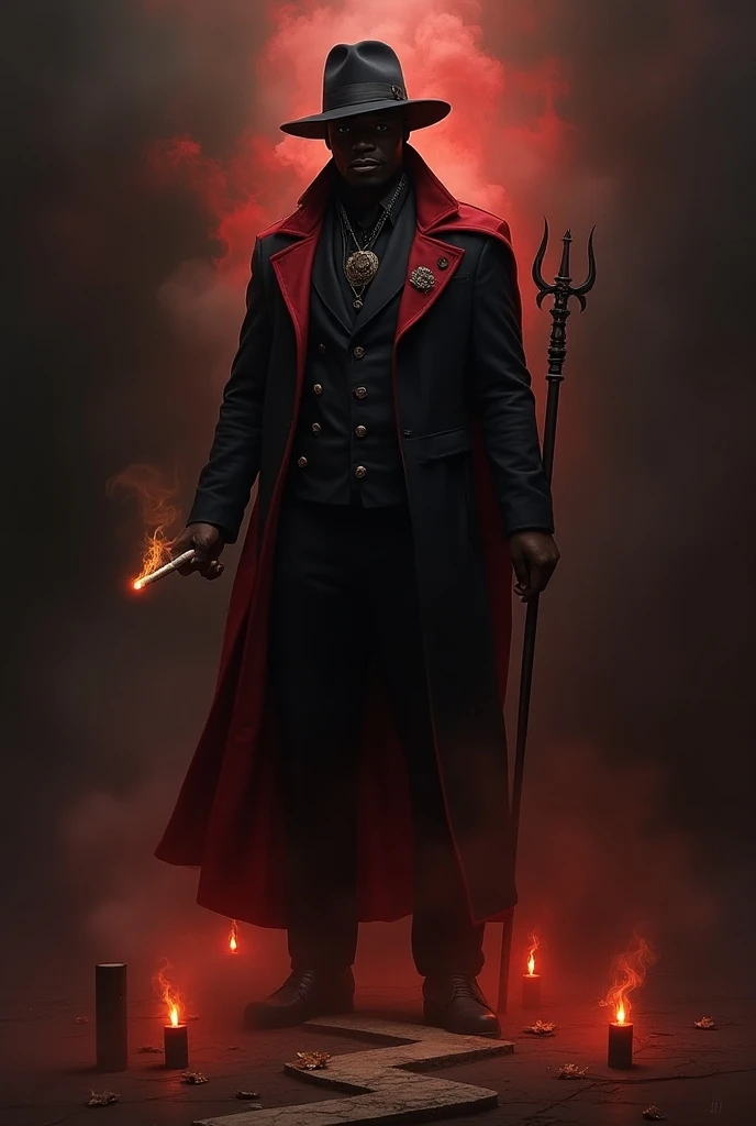 

Prompt: "A powerful depiction of Exu Tiriri. He is portrayed as a confident man with a mysterious expression, wearing black and red clothing, including a fedora hat slightly tilted forward. In his right hand, he holds a lit cigar, with thick smoke swirli...