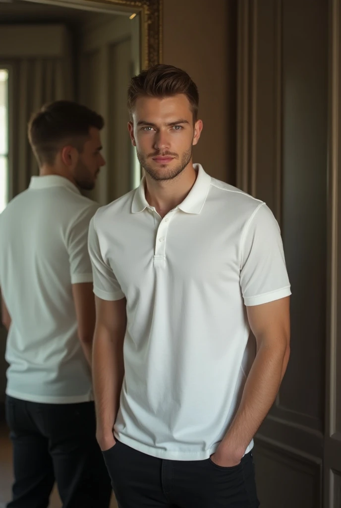 1. young German man  24-yearsold with white skin and honey-colored eyes, athletic and handsome,  He wears white polo , black pants. elegant and hottie.  front of the mirror.  