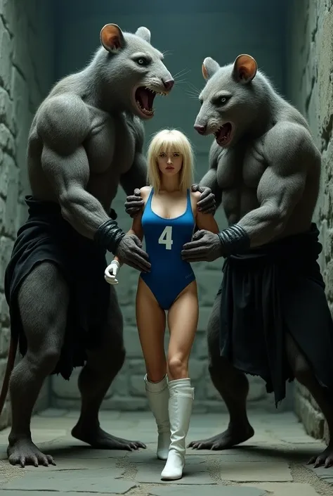 Cinematic style image. Tall, muscular rat men with short gray hair covering their entire bodies, wearing black togas, are carrying Sue Storm, a 25-year-old woman with short blonde hair, blue eyes, an athletic body, large bust, she is wearing a blue bodysui...