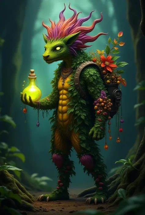 Plant person, covered in leaves, plant humanoid, green poisons leaves, purple leaves, orange leaves, in a dark forest, holding a green poison potion, made of leaves, less humanoid face, wearing a floral side satchel, side bag has ingredients sticking out o...