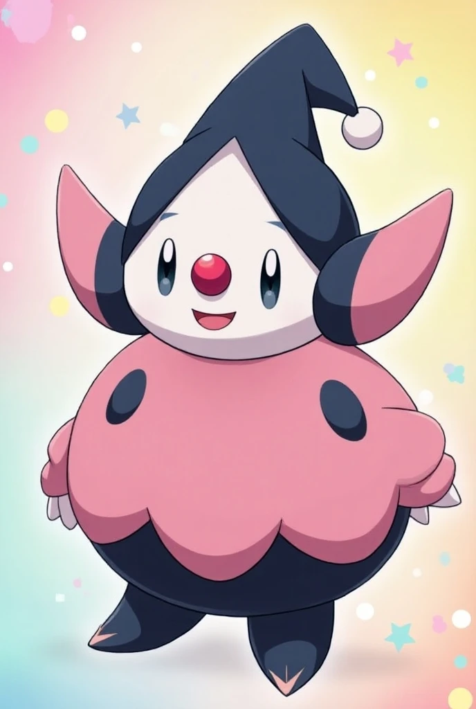  Pantimimi is shown in a cheerful pose ,  while wearing various masks .  The background is colorful and lively ,  which reflects his playful nature .  The mime Pokémon Pantimimi has a humanoid physique and appears mainly In pink ,  dark blue and rose red ....