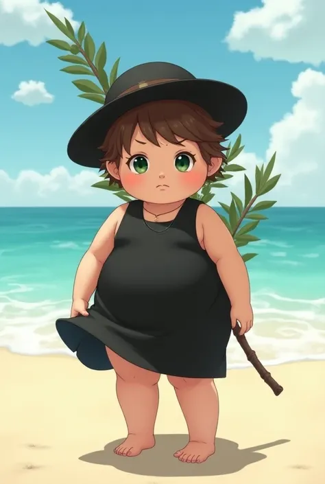  A little fat girl 
Green eyes,  very short curly hair , light brown color, slightly fleshy mouth, oval face and half androgen ,  slightly wide nose
She is landing on the beach wearing a black jumpsuit with a birch on her back,  with a black beach skirt wi...