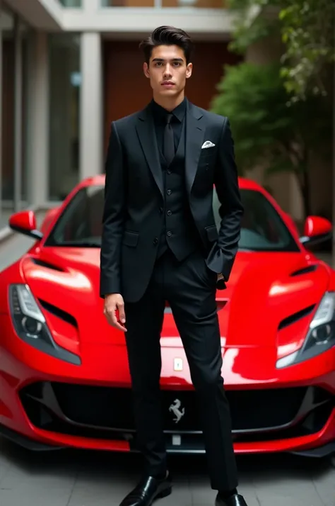 A photo of 21 yes boy in black 3pc standing in front of a ferrari