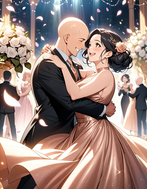 A couple, both 40 years old, mature, in anime style, dancing together at a romantic party. The man is slim, mature, light-skinned, bald, no beard, the same height as the woman, and is wearing an elegant black suit with a regular rose gold tie. He has a cal...