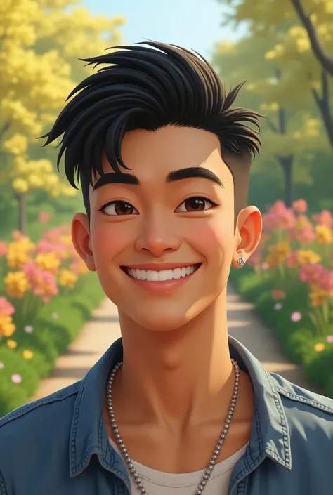  A young male gender of 24 years with characteristic slanted eyes and brown, brown and almond shaped,  dark dark skin tone , normal lips,  well-populated eyebrows  , Normal front, normal nose, diamond face, normal ears, Pompadour hairstyle, Cut mullet tall...