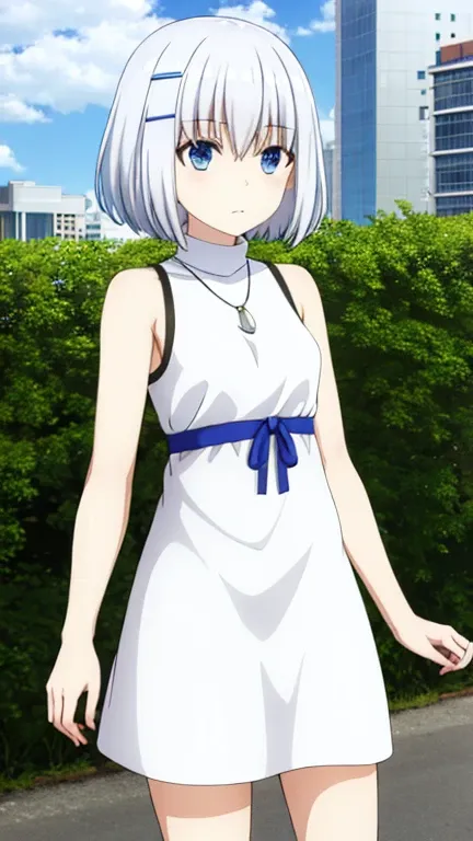 1girl, origami tobiichi casual, short hair, blue eyes, hair ornament, bare shoulders, white hair,
break jewelry ,sleeveless, hai...