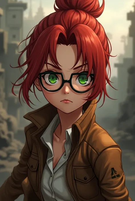  Shingeki no kyojin-style anime character. red-haired,  hair tied and wavy , green eyes and glasses  
