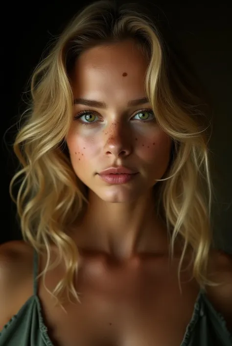 A natural blonde woman, Hot golden threads ,  Very curly and very long hair  , curvature 2C,  long hair , half tanned white skin,  green eyes with a touch of brown  ,  voluminous and large eyelashes  , dark blonde hair ,  some freckles on the face , a spec...