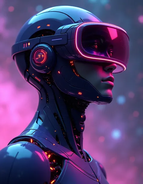 (an android man head with synthwave style cybernetic), Dark purple body and neon lights, using a virtual reality glasses, with neon lights and led lights, (abstract space background), with very realistic textures, (((medium shot))),