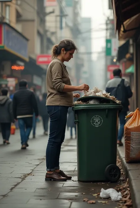 Woman on the street depositing garbage in the garbage can