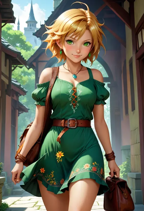 final fantasy viii style, 2D style, full body, cheerful and adventurous witch with short golden hair and bright hazel eyes, vibrant tan skin, playful smile, small upturned nose, slightly plump lips, youthful energy, slim-athletic figure with slightly curvy...