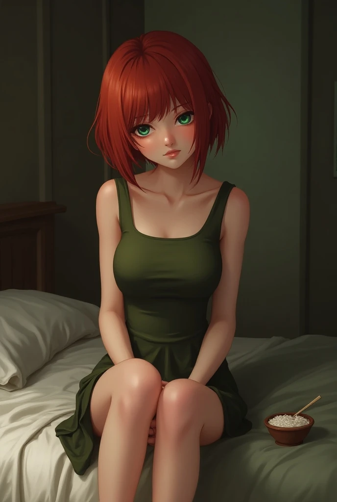 1 girl, Alone, short hair, red hair, Rice, green eyes, sitting on the bed, legs crossed, tight dress,  looking forward ,