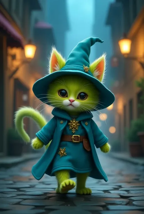  fantasy art、ライムグリーンの毛皮で、 bipedal kitten with lime green fur and light blue wizard clothes、Her ears are sticking out of the witchs hat 、cute、Detailed details、Walking through the city at night 、 realistic pictures