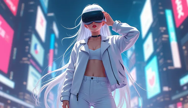 ai anime cyberpunk setting, white long hair girl, Wearing a white jacket and pants, Put on your headset, flushing , lips filler 