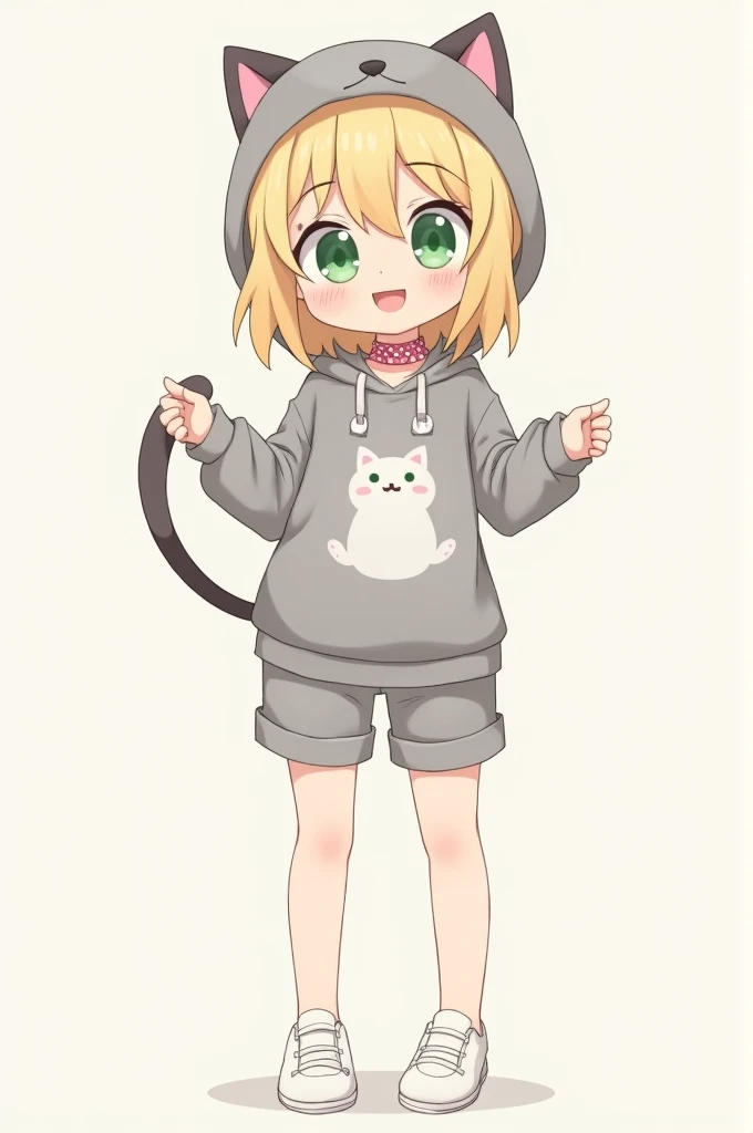 Female character with light blond hair, green eyes, gray cat shirt, gray shorts with white shoes, gray cat hat, pink collar and a little band on the white face