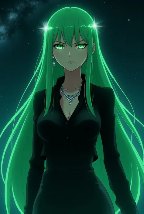 anime、universe船、SF、Goddess Lete 、 mature beautiful woman 、 Glowing Green Long Hair 、 Big Thin Fluorescent Green Eyes、 long lashes、Many lashes、Queen、Black blouse、Diamond Necklace、Diamond earrings、 tight skirt 、 slender、universe、Milky Way、A look of contempt、...