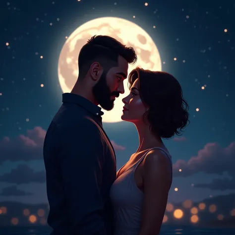 Hombre latino de barba cerrada, ojos negros. Mujer latina de cabello corto ondulado,bojos cafe. Pareja junta a pie de la luna. Noche romantica con brillos.Detalle, UHD, Bokeh, Arte digital, 