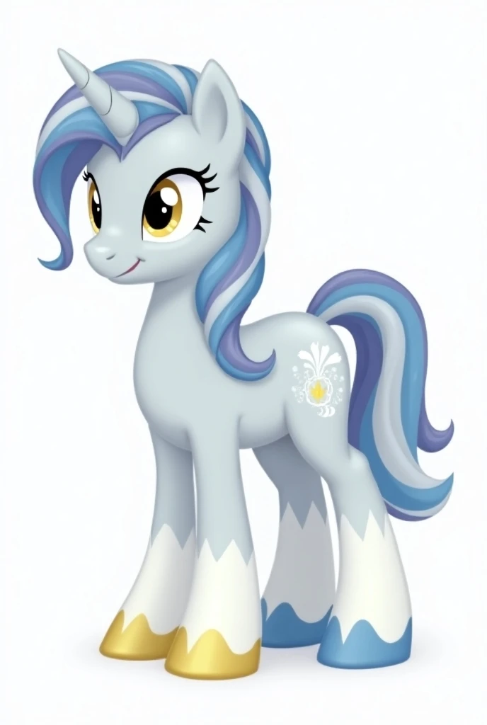 My Little Pony OC, female, Pegasus, light gray fur, white markings, one completely white leg with a golden hoof, three blue hooves, golden eyes, blue-white-lavender striped mane, standing alone