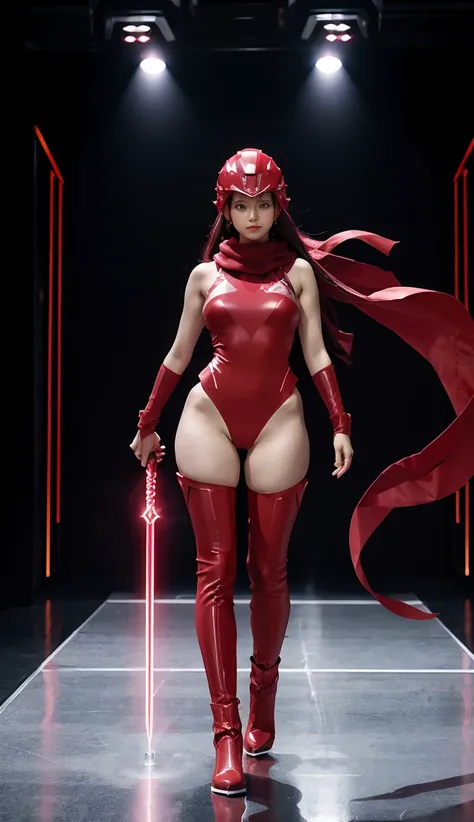 Accurate 、Full Body Photo 、Standing in her full height from head to toe 、Studio background 、 Karina from Aespa、Wearing a super tight ruby coloured zero suit 、Ruby zero boots 、Holding a double dagger with an electric effect、Ruby helmet 、Ruby red scarf.