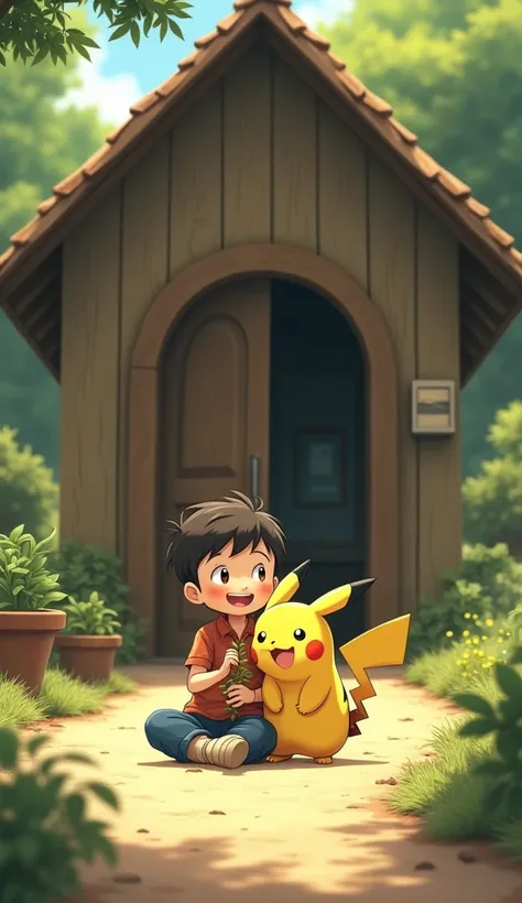 A Studio Ghibli style image featuring a young boy sitting in front of a rustic, wooden house with Pikachu. The scene is drawn with an anime touch, emphasizing detailed and distinctive shading. The background includes lush greenery, various potted plants, a...