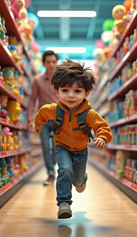    Generate an image of a  boy  , brave , intelligent,   who loves adventures and extreme sports  ,  having fun running away from his parents in a toy corridor at a supermarket.