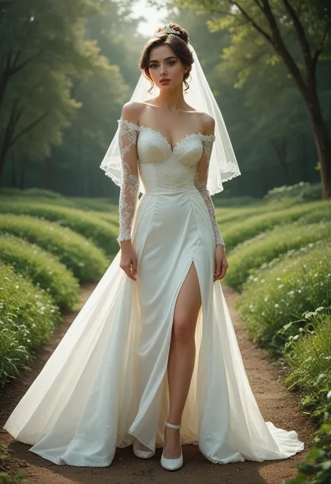 Create a full body photo of a young woman with a curvaceous body outdoors in a lush green field on the coast of Scotland. She is wearing an elegant off-shoulder white lace wedding gown, which features a fitted bodice with intricate lace details and long, s...