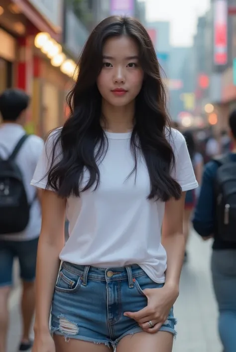  The best quality ,8K,  Detailed facial depictions , Detailed description of the eye,  black hair ( Long wavy hair ),Beautiful Asian Girl, 21 years old,  thin body,  Big breasts, big ass , t-shirt and short jeans  ,  Walking around the city center with a l...