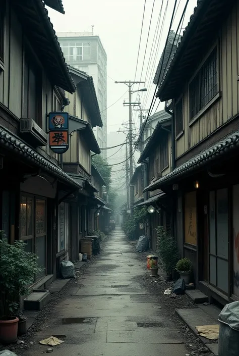 dirty and dead-end street with Japanese design