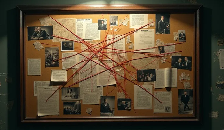  A board full of photos and documents connected with red threads, typical of conspiracy theories .