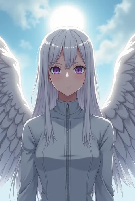  I want you to make a character from the anime My Hero Academy ,  uniform with big angel wings ,  long white hair straight up to the neck with gray lights, The U .a. violet eyes,  freckles across the face and smiling .