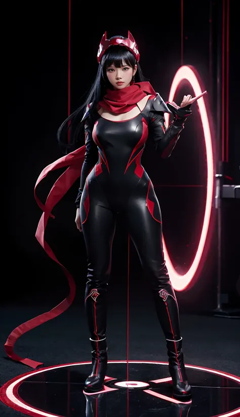 Accurate 、Full Body Photo 、Standing in her full height from head to toe 、Studio background 、 Black hair、Karina from Aespa、Wearing a super tight ruby coloured zero suit 、Ruby zero boots 、Holding a double dagger with an electric effect、Ruby helmet 、Ruby red ...