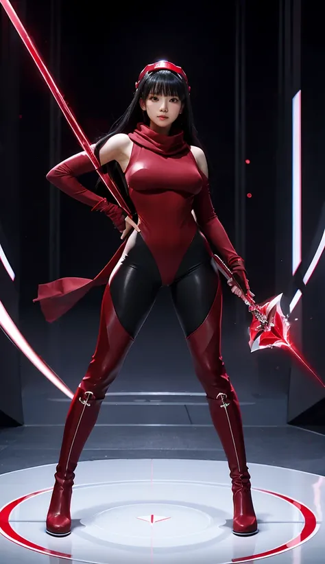 Accurate 、Full Body Photo 、Standing in her full height from head to toe 、Studio background 、 Black hair、Karina from Aespa、Wearing a super tight ruby coloured zero suit 、Ruby zero boots 、Holding a double dagger with an electric effect、Ruby helmet 、Ruby red ...