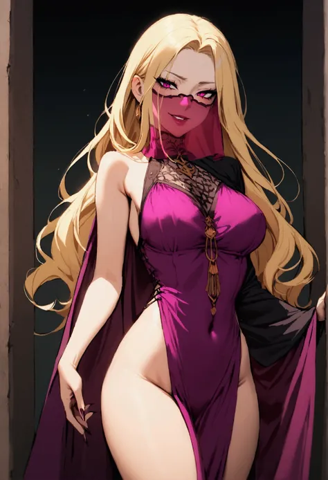 woman, cultist, long blond hair, mouth veil, perfect body, evil smile,  cultist cloak, seductive,cowboy shot, cultist clothes